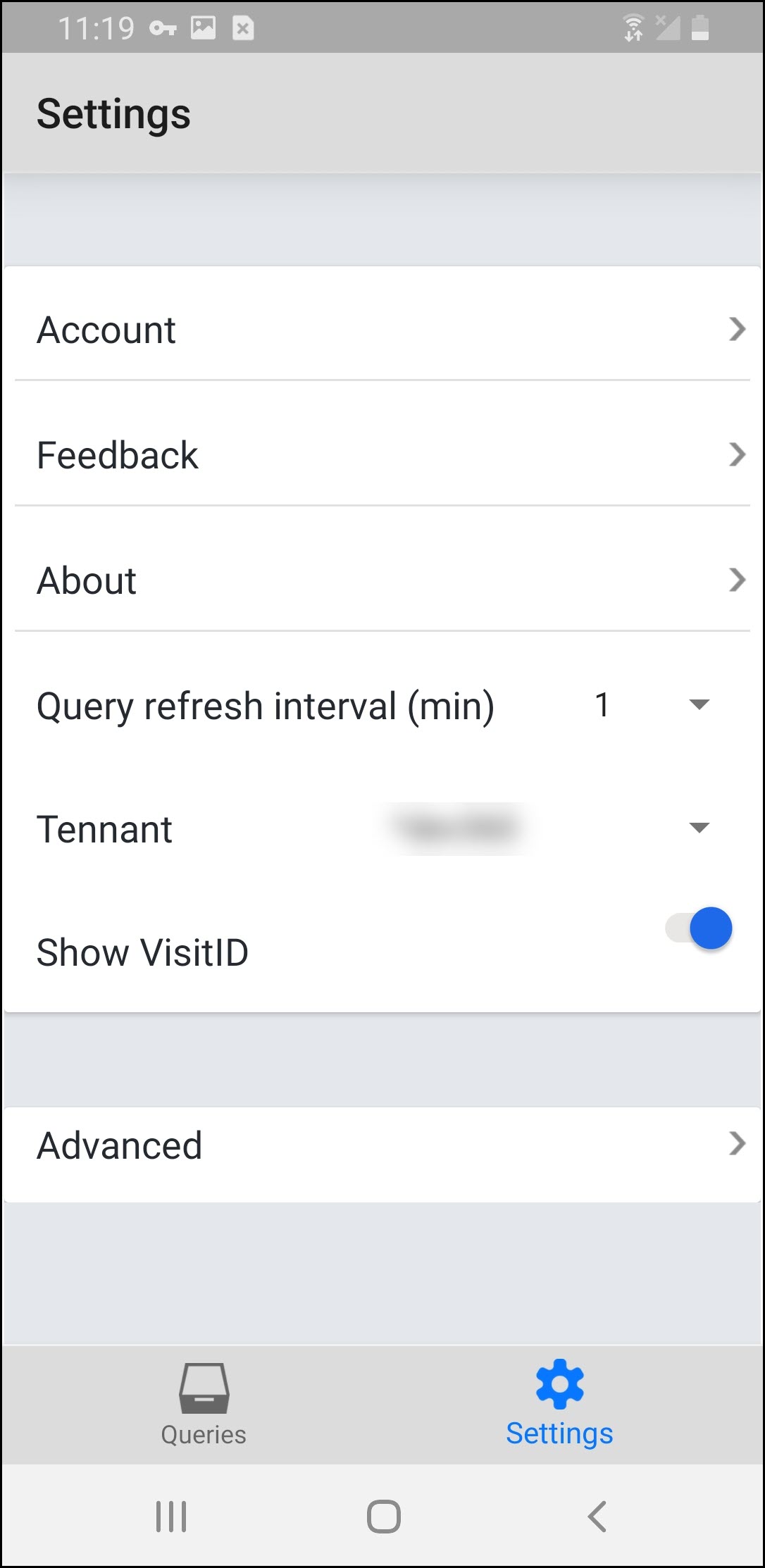 The Android settings screen for Advanced Query Messenger