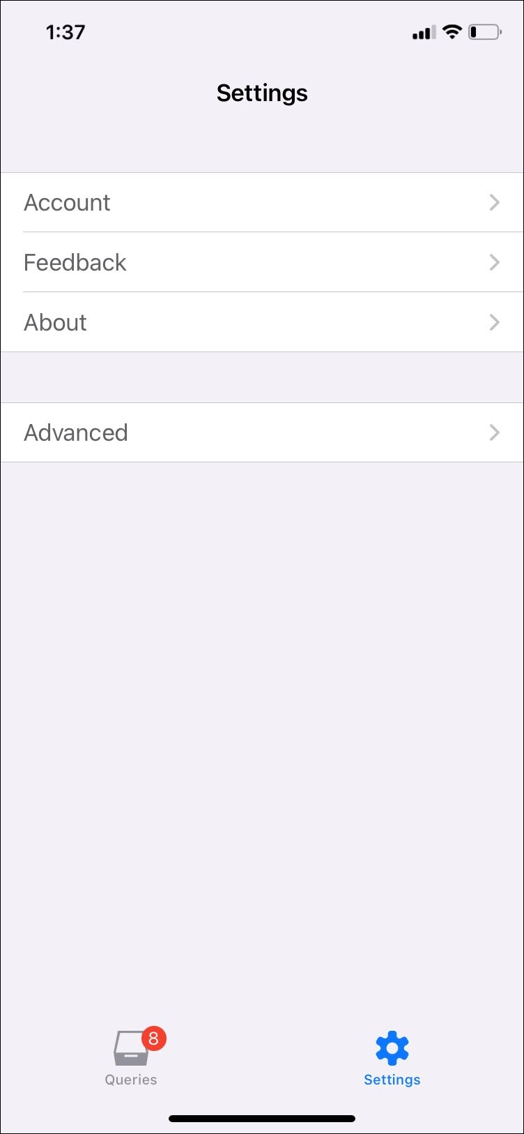 Settings screen in iOS for Advanced Query Messenger