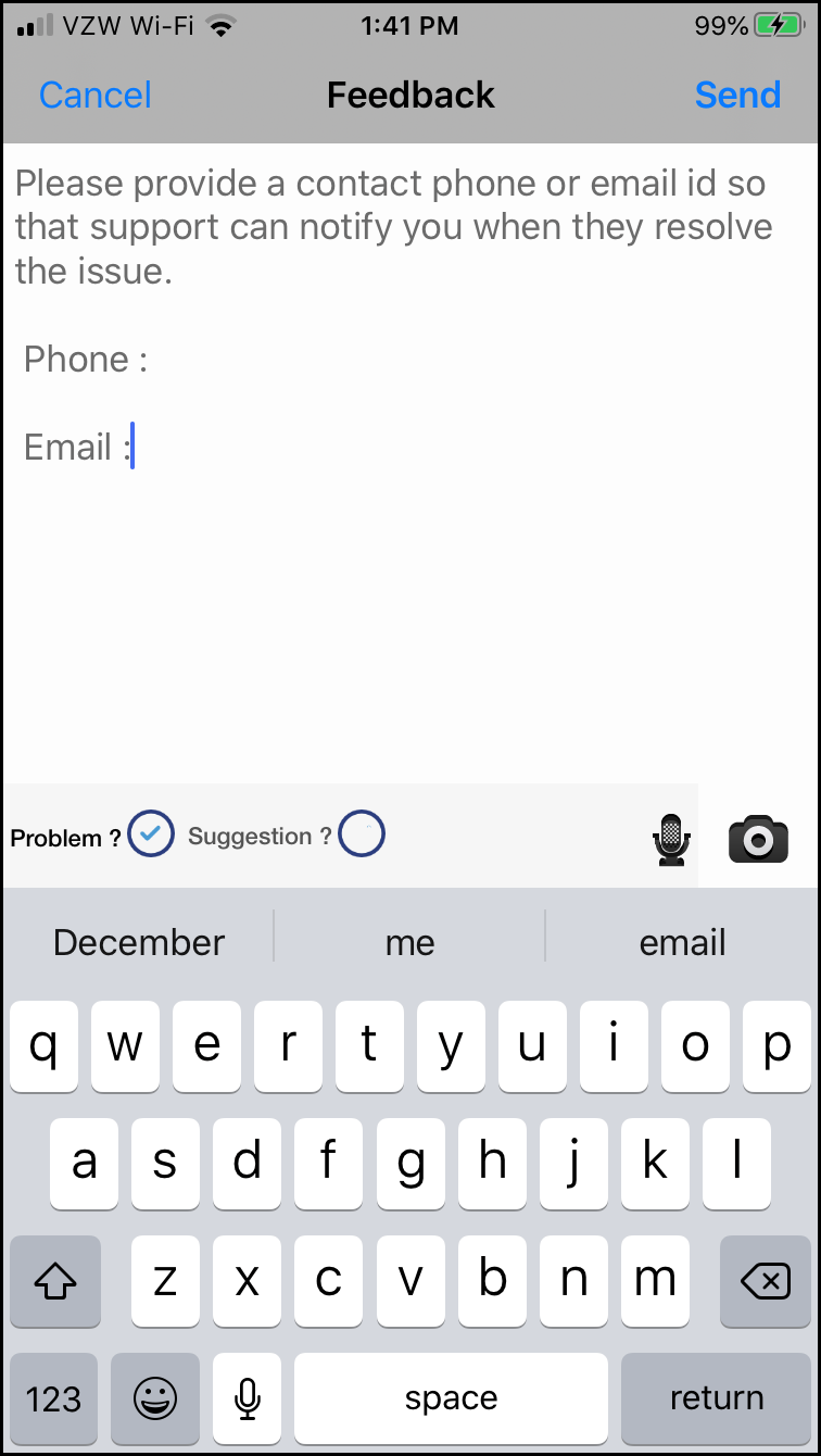 The Feedback screen in iOS for Advanced Query Messenger