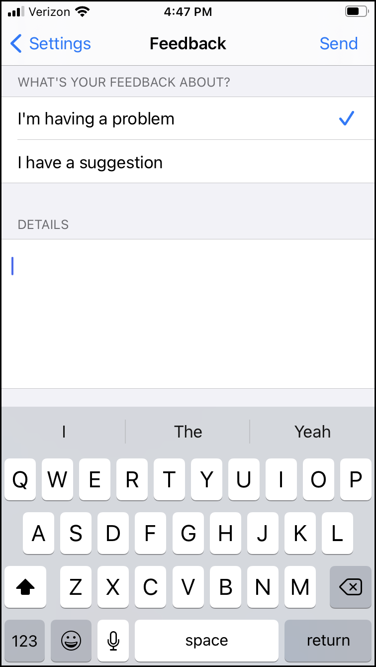 Feedback screen in iOS for Advanced Query Messenger