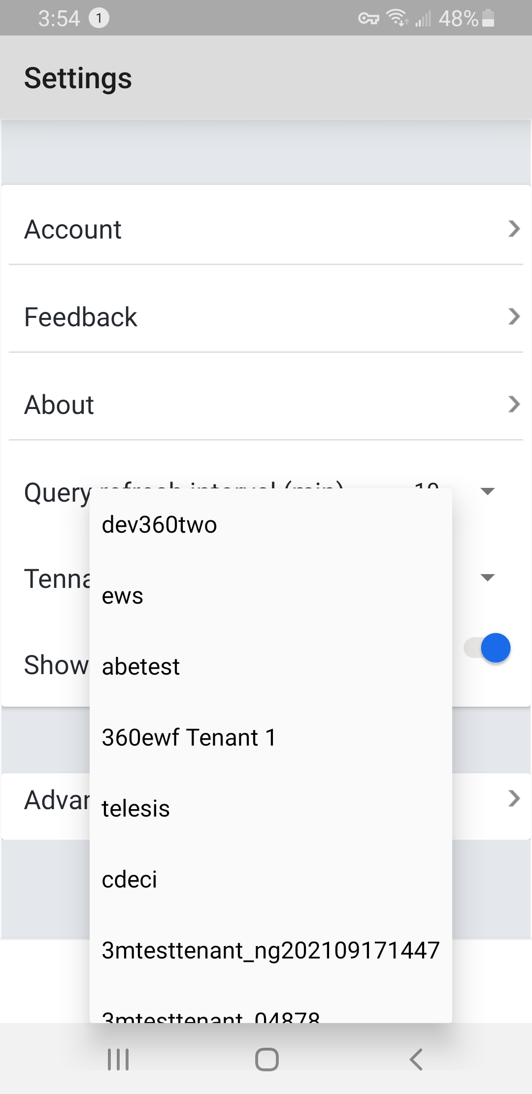 Selecting a test environment in Android for Advanced Query Messenger