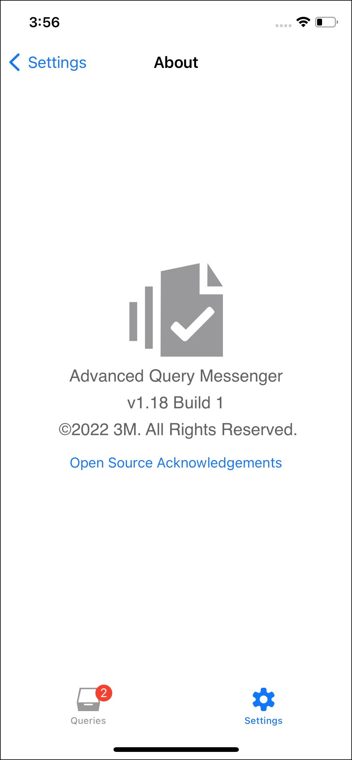 The iOS About screen for Advanced Query Messenger