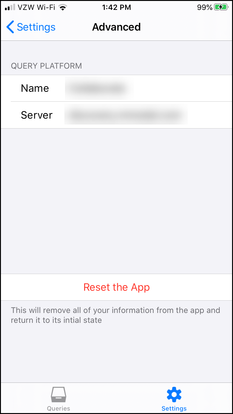 The iOS Advanced Settings screen for Advanced Query Messenger