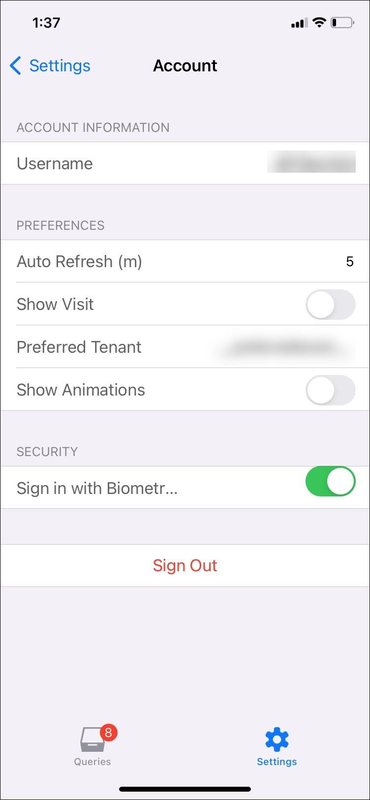 The iOS Account screen for Advanced Query Messenger